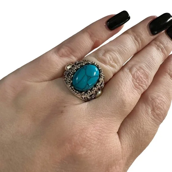 Turquoise and silver thick ring with engraved skulls retro size 6 - Picture 4 of 6